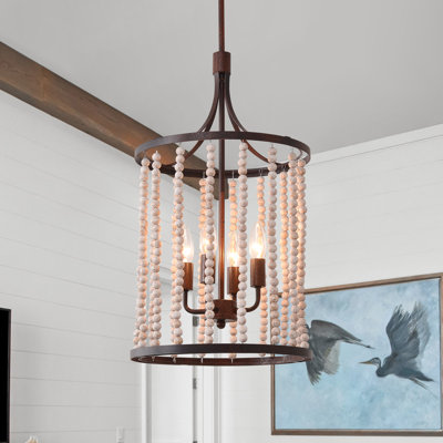 4-Light Modern Farmhouse Wood Beaded Chandelier,  Rustic Drum Pendant Light For Foyer Entryway Dining Room