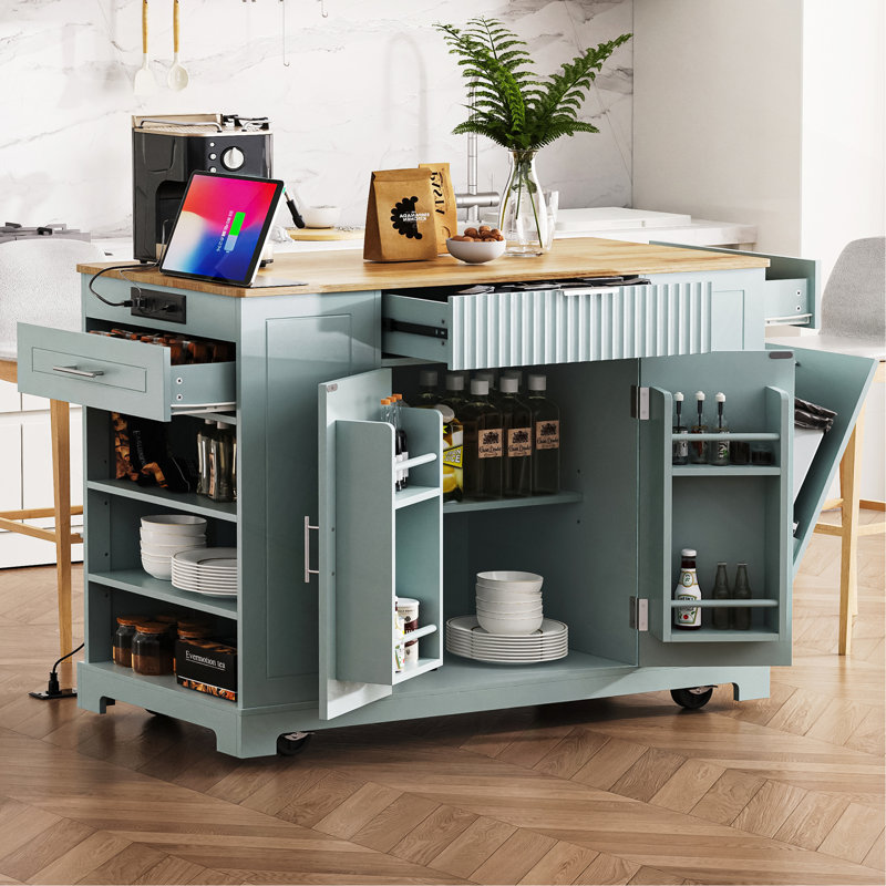 Rolling Kitchen Island with Wood Top & Trash Can Storage Cabinet,Kitchen Islands Cart On 5 Wheels, Blue