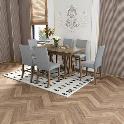 Extendable Solid Wood 7pc Dining Table Set with 6 Upholstered Chairs for 6 Guests