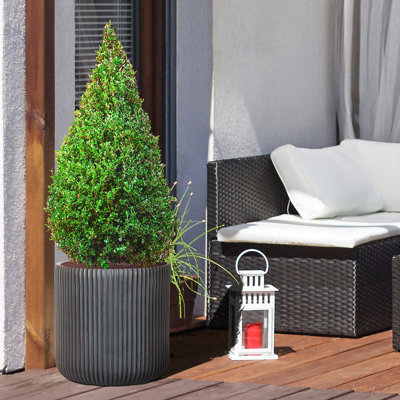Black Concrete Effect Frostproof Outdoor Plant Pot, Garden Flower Pot, Cylinder Round Garden Planter with Drainage Holes, Outdoor Planter with Ribbed Pattern