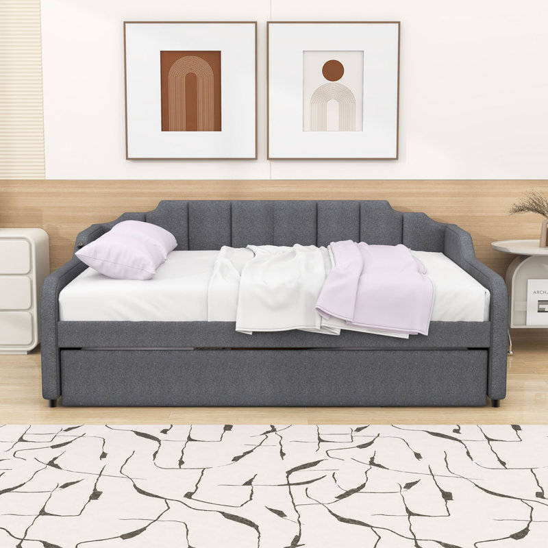Full Size Upholstered Daybed with Twin Trundle and USB Charging