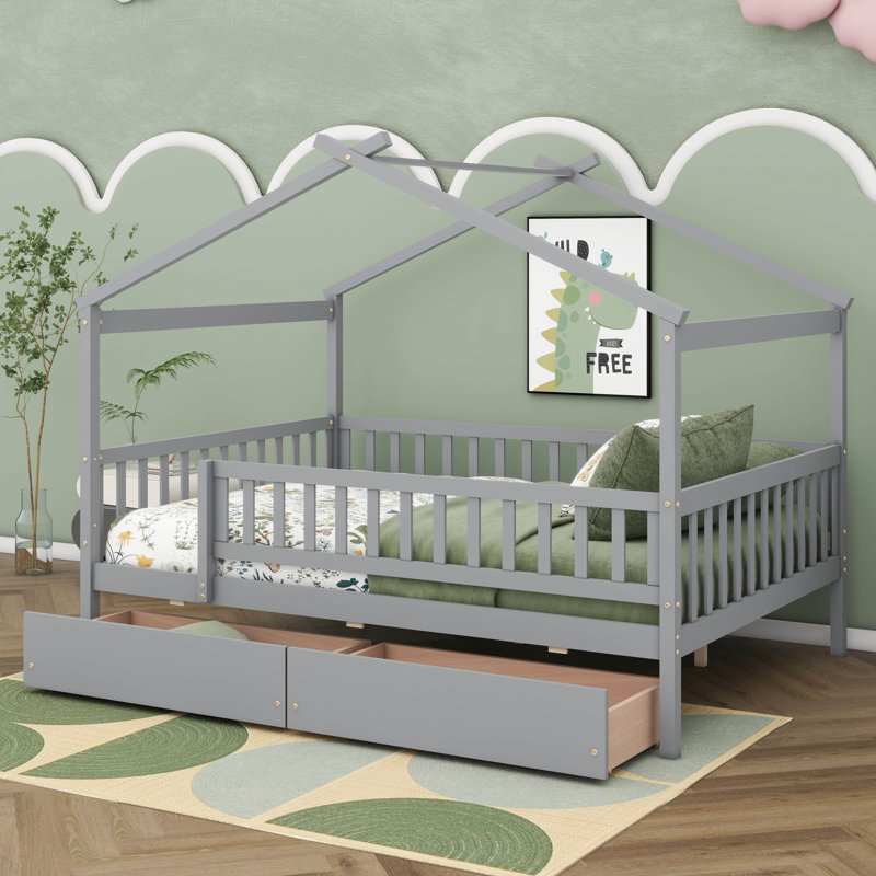Full Size Wooden House Bed With Two Drawers, Grey