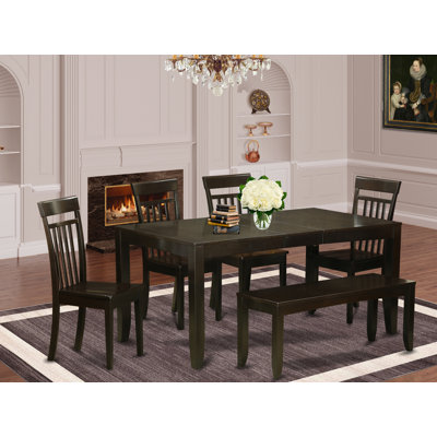 L'ensemble de 6 pièces de table de salle à manger moderne contient une table rectangulaire en bois avec feuille de papillon et 4 chaises de salle à manger avec un banc, 36 x 66 pouces, cappuccino