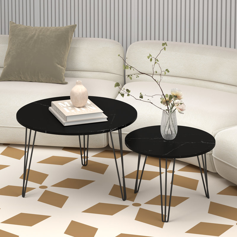 Ensemble de 2 tables basses gigognes rondes 27,56 po, ensemble de tables de bout gigognes circulaires, Black