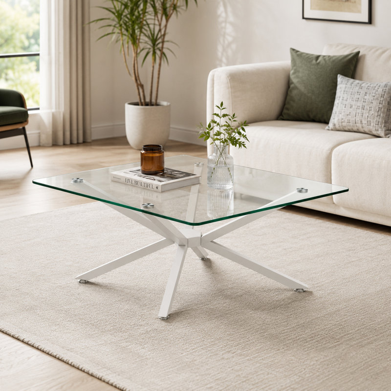 Modern Tempered Glass Coffee Table with Metal Base, Rectangular Living Room Dining Table, White, Transparent