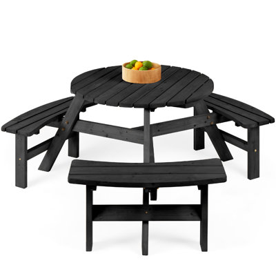  6-Person Circular Outdoor Wooden Picnic Table W/ 3 Built-In Benches, 500Lb Capacity - Black