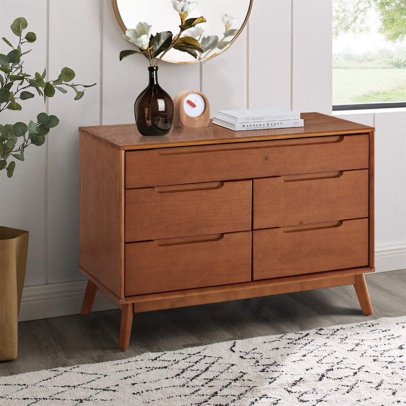 Mid-Century Brown Solid Wood 5-Drawer Dresser