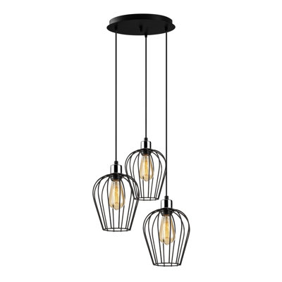 Industrial Black Chandelier with Adjustable Height, 16.1 in Diameter x 45.3 in Height | Metal Body, 3 x E27 Sockets (Max 40W) | Includes Setup Instructions | Perfect for Nostalgic & Modern Decor