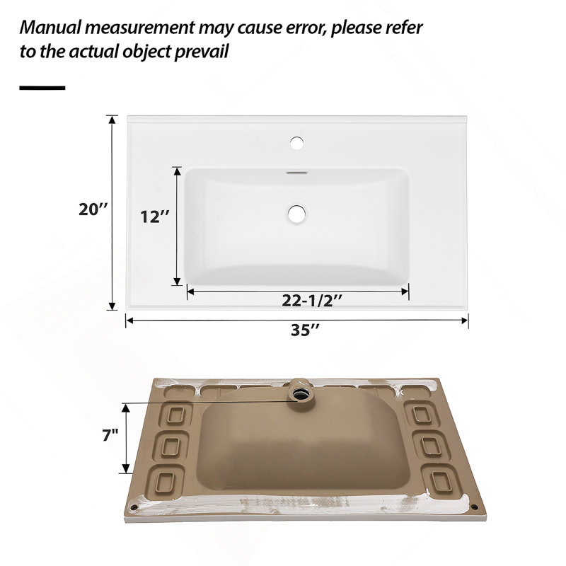 35" X 20" White Rectangular Single Vanity Top With 1 Faucet Hole And Overflow(Sink Only)
