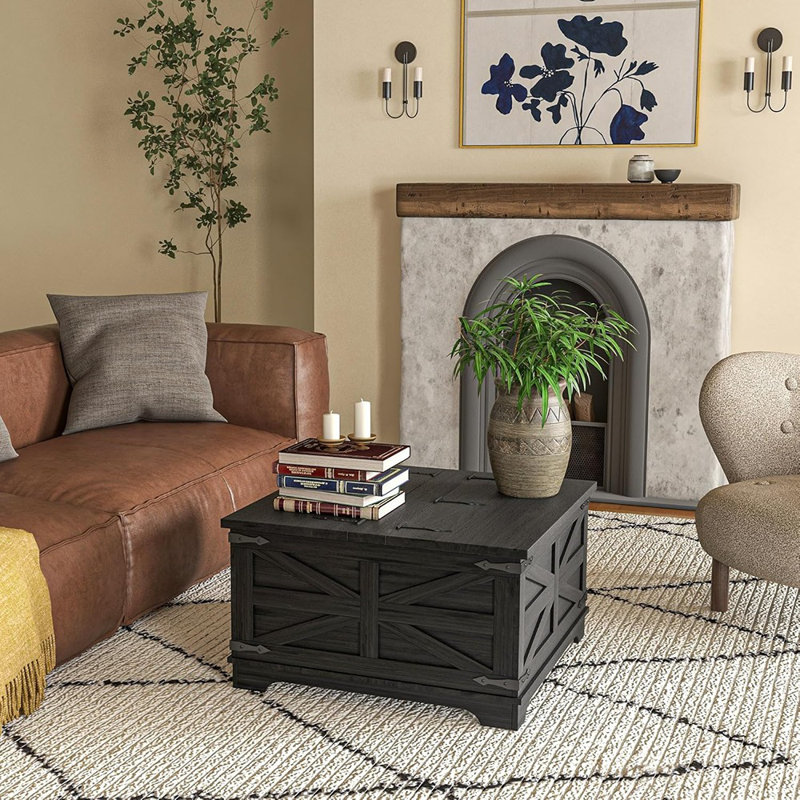 Table basse de style campagnard avec rangement, table centrale avec plateau relevable à charnières et espace caché, table basse carrée pour le salon, noir vieilli