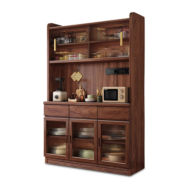 Buffet en noyer massif et verre manufacturé brun noisette, 78.35"H×46.85"L×14.57"W