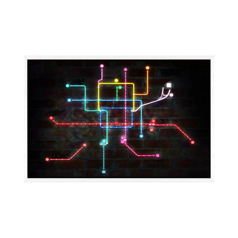 Neon Transit Map - Print on Canvas, 101.6 cm H x 66.04 cm W, White Framed