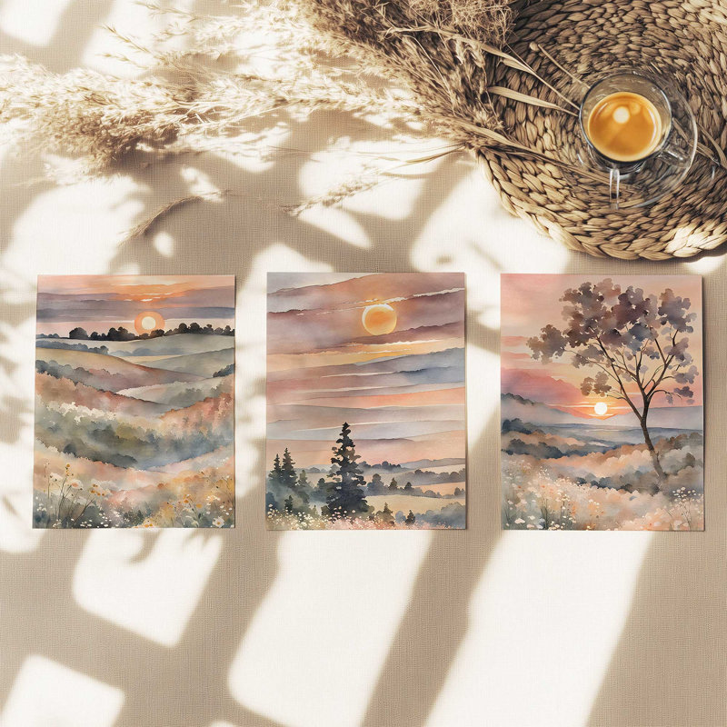 Coucher de soleil dans la vallée en fleurs, ensemble de 3 impressions, Papier, H 10 po x l 16 po x P 0,1 po