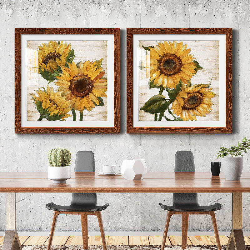 Tournesol d'été I - ensemble de 2 peintures, Papier dans un cadre photo, H 20 po x l 40 po, Érable