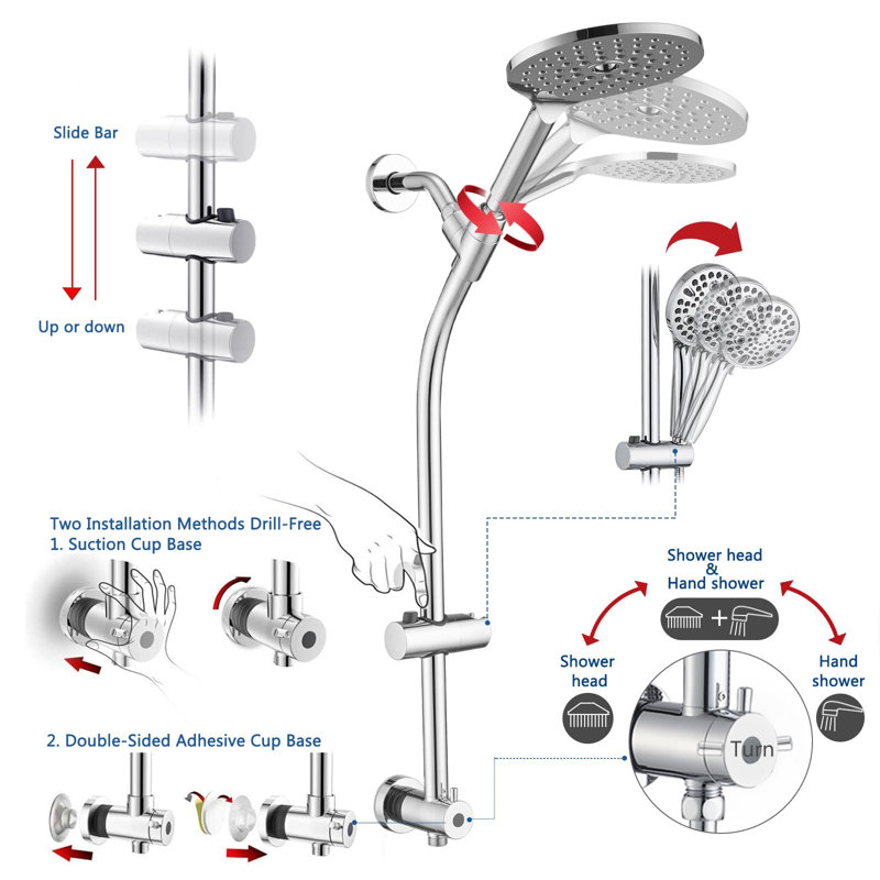 Dual Shower Head Combo With Handheld Showerhead – 26" Adjustable No-Drill Slide Bar, 3-Way Diverter, High-Pressure Rainfall Shower Set With 5 Ft Hose