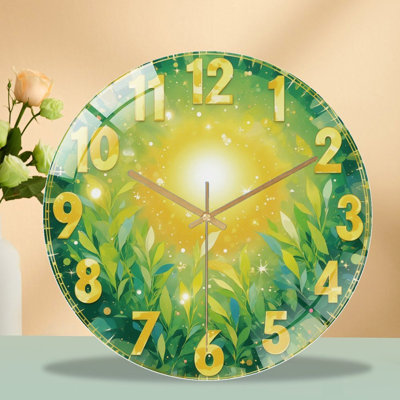Clock Numbers Leaves Sunlight Art - 12'' Modern Glass Wall Clock