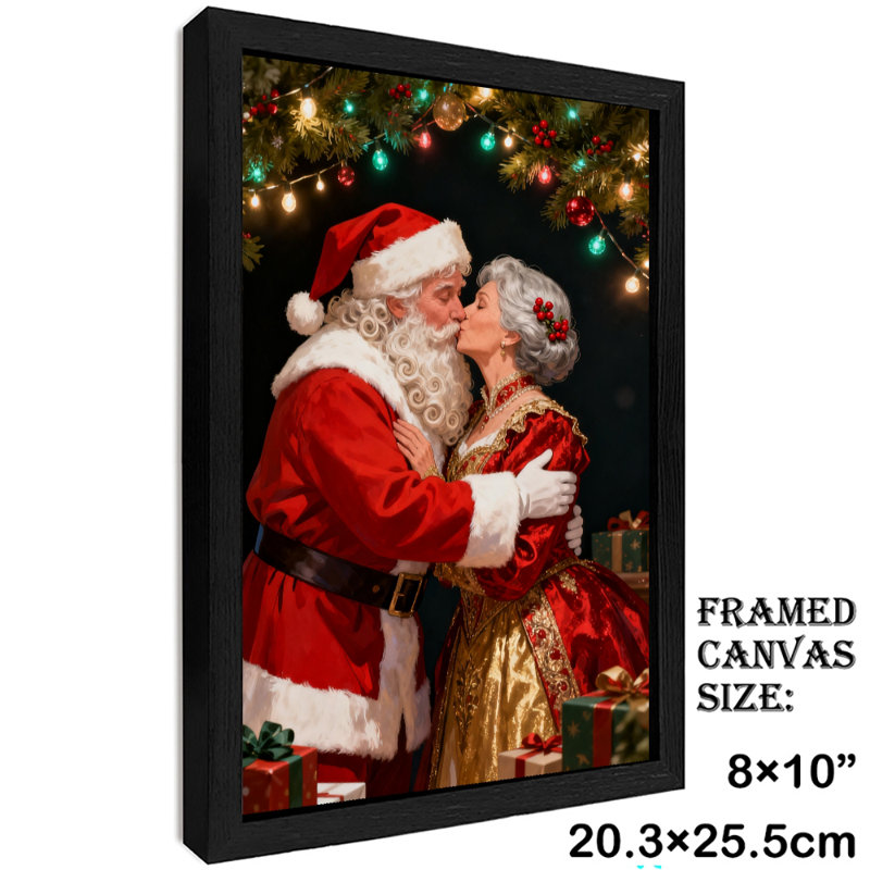 «Black and Santa», Père Noël embrassant un art mural de Noël romantique, impressions de style rétro, H 11 po x l 9 po
