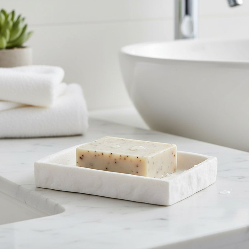 Plateau porte-gobelet porte-savon effet pierre, Blanc