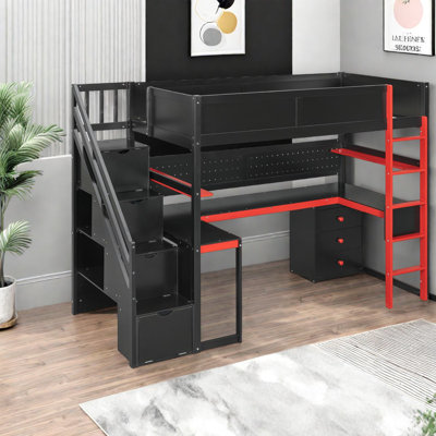 Lit mezzanine simple multifonctionnel avec rangement, design noir et bois