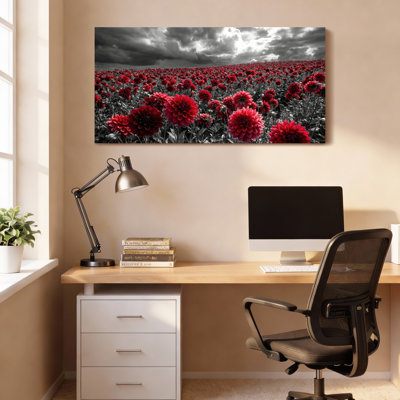 «Red Dahlia Field», ciel noir et blanc sur toile tendue, ensemble de 1 reproduction d'art
