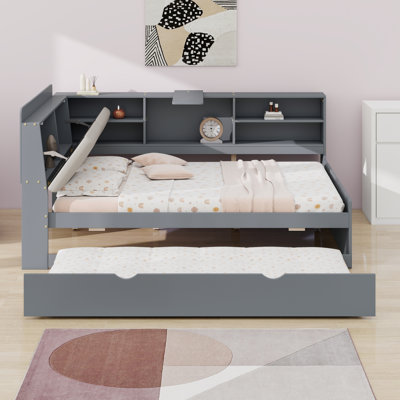 Multifunctional Sofa Bed With Upholstered Storage Headboard, Trundle,Shelves And Rotatable Storage Board