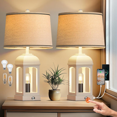 Table Lamp For Living Room, Farmhouse Lamps Set Of 2 With USB A+C And Nightlight, 26" Rustic Bedside Lamps With 3-Way Dimmable, Touch Nightstand Lamp For Bedroom