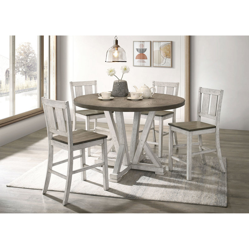 Table de salle à manger ronde à hauteur de comptoir, design rustique, blanc antique / brun cendré, bois massif, placage de chêne noueux, 4 places, piédestal avec pieds de style 4,