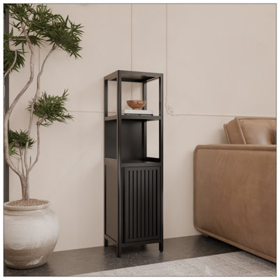 A 52-Foot-Tall Black Linen Tower Bamboo Storage Cabinet, Suitable For Main Living Spaces Such As Bathrooms, Bedrooms, And Living Rooms.