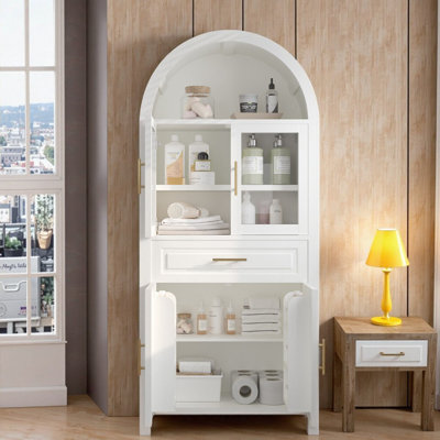71" Farmhouse Arched Glass Door Pantry Cabinet with Adjustable Shelves & Barn Door, White Storage Cupboard for Kitchen, Dining & Living Room