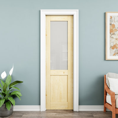 24" x 80" Half-Lite Pine Wood & Frosted Glass Interior Pocket Door, Natural Pine Wood, Tempered Glass Door Slab with Privacy, Paintable & Waterproof, As Laundry Doors, Closet Doors, Room Doors