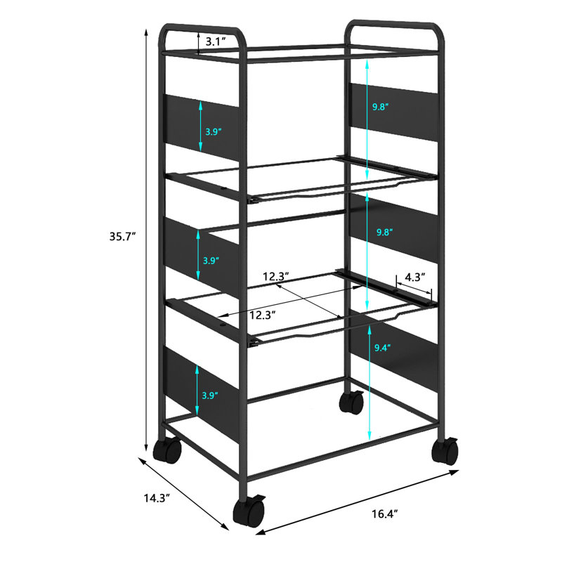 3-Tier Metal Rolling File Cart With Lockable Wheels For Letter-Size Hanging Files