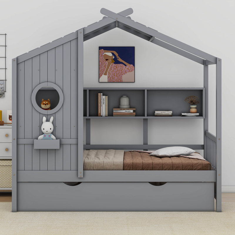 Lit avec lit gigogne et rangement Anallely, Gris, Simple