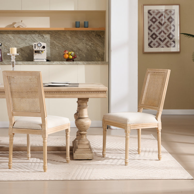 Chaises de salle à manger rembourrées beiges de style français de 2 personnes, avec dossier carré naturel, structure en bois massif et détails sculptés pour une apparence élégante 2 Tissu en lin de coton démontable, structure en bois