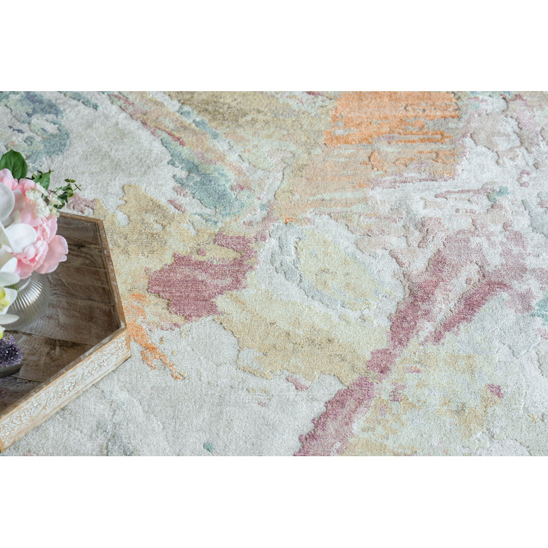 Floor Art Hand Knotted Abstract Area Rug in Silver/Blush/Blue/Orange, Rectangle 10' x 14'