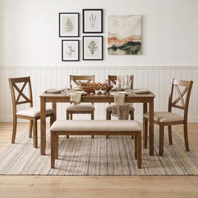 6-Piece Dining Set with Rectangular Table, Upholstered Bench and 4 X-Back Chairs for Family Meals