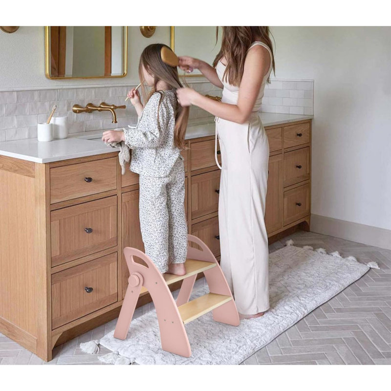 Tabouret de salle de bain en bambou à deux marches, P 13 po x l 12,3 po x H 14,6 po (rose)