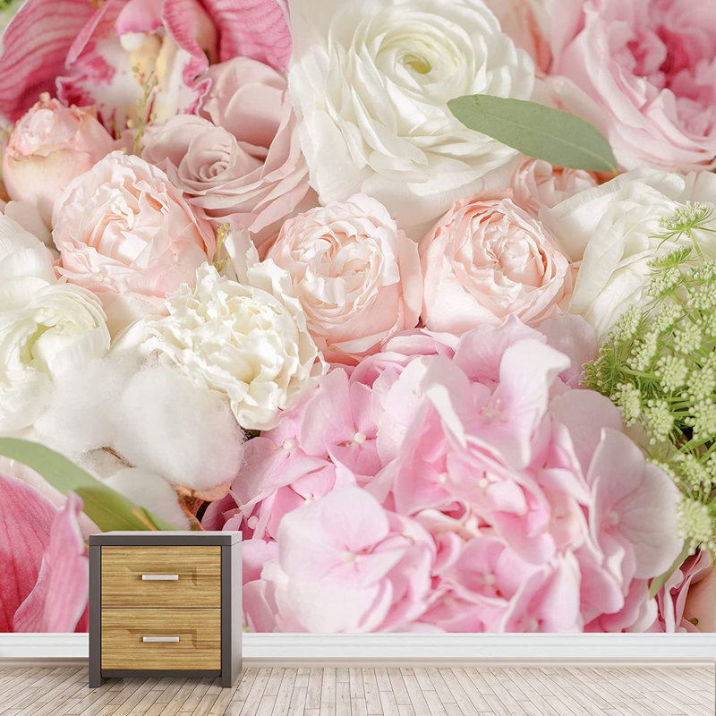 Adhésif mural à fleurs multicolores blanches et roses, L 66 po x l 96 po