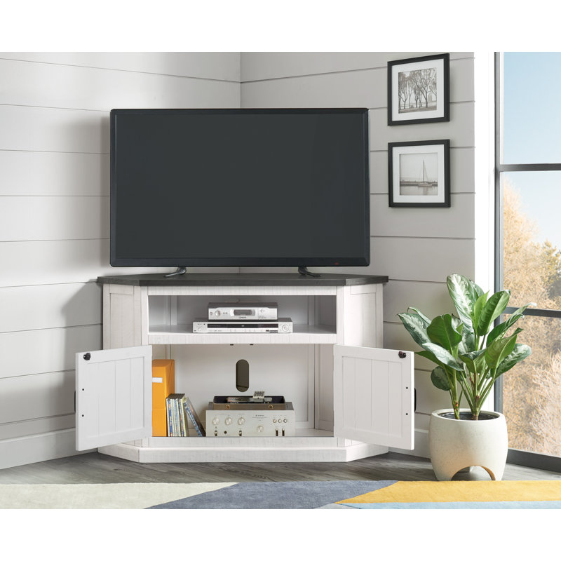 Kinsella 50" Solid Wood Corner TV Stand with Storage, Gray/White