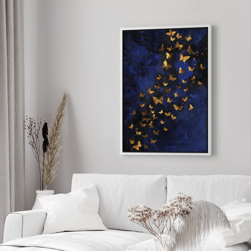 Papillon doré sur fond bleu foncé, Blanc, H 36 po x l 24 po