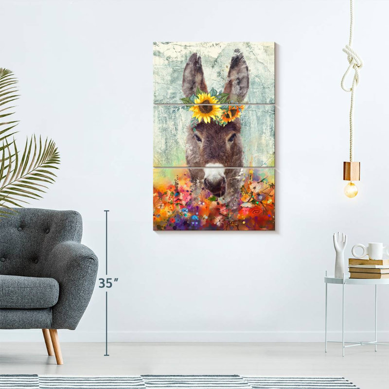 Donkey Floral Crown - 3 pièces de toile tendue, H 57 po x l 36 po x P 1,25 po