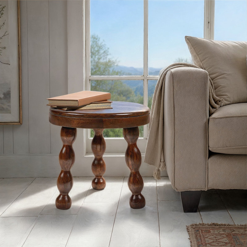 Vin Reese Round Mango Wood Accent Table with Dowel Tri-Pod Legs, Walnut