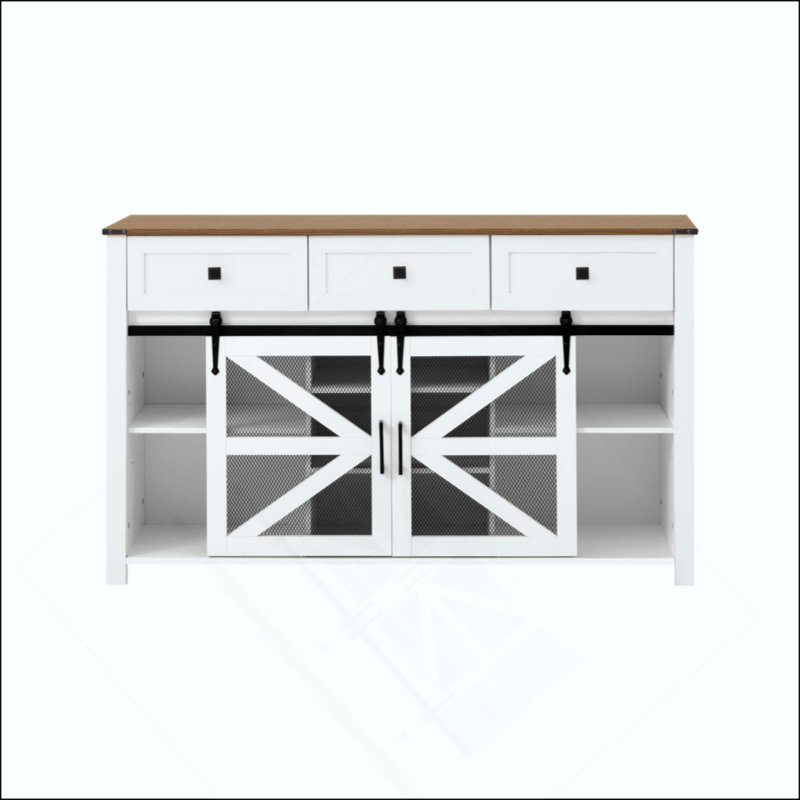 Sliding Barn Door Sideboard Buffet Cabinet With 3 Drawers, Adjustable Shelves, Metal Mesh & Particleboard Doors, Aluminum Handles, Industrial Storage For Living Or Dining Room