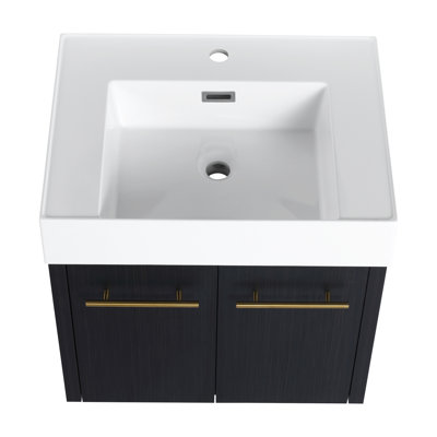 Élégant meuble-lavabo mural de 24 pouces avec lavabo en résine à rebords épais - conception peu encombrante, emballage pour enfant inclus