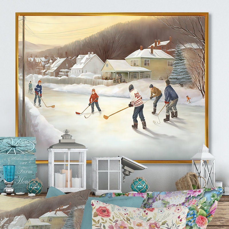 Enfants jouant au hockey en hiver IV - art mural de hockey sportif pour le salon, H 30 po x l 40 po x P 1,5 po