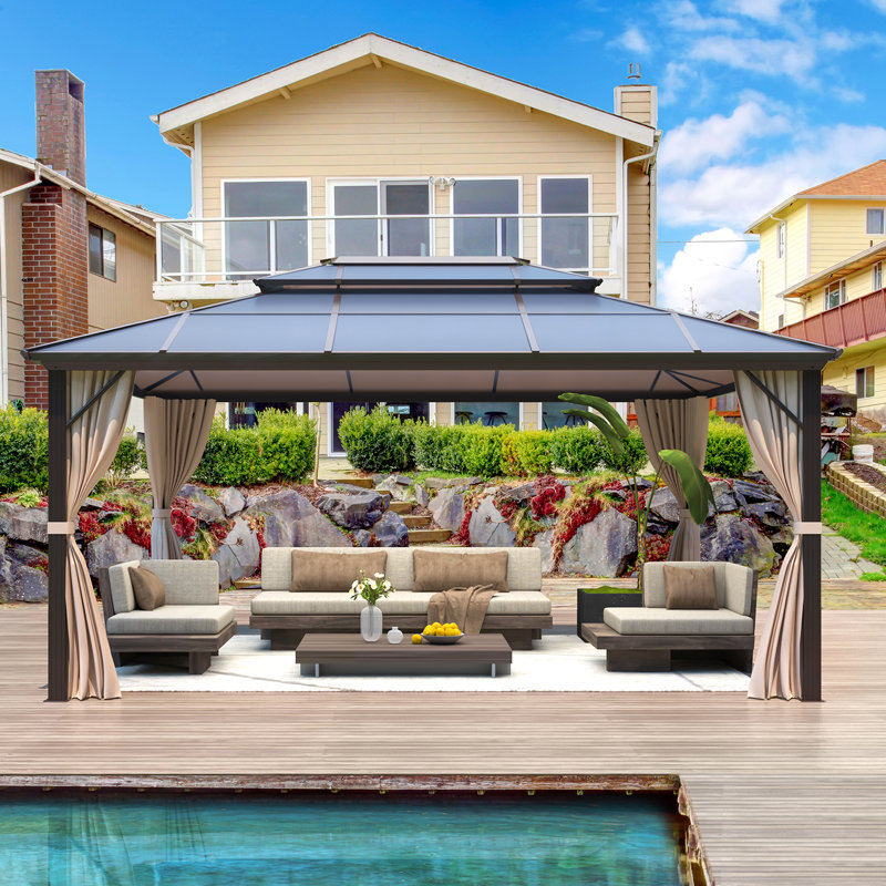 12 X 16ft Outdoor Gazebo With Polycarbonate Double Hardtop Roof, Aluminum Frame, Netting & Curtains For Patio, Garden, And Deck