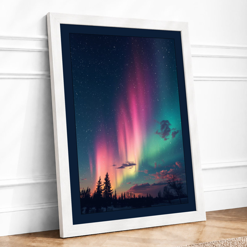 Aurora Over Forest Scandinavian - Framed Print, A1 - 84.1 x 59.4 cm, White