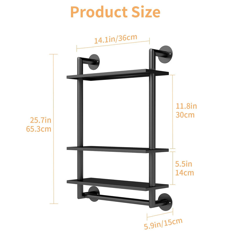 26 Inch 3-Tier Pipe Floating Bathroom Shelf with Towel Bar