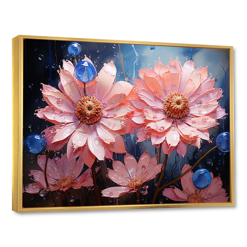 «Neon Flourish Pink Cornflowers III», reproduction sur toile, Cadre flottant doré, H 34 po x l 44 po