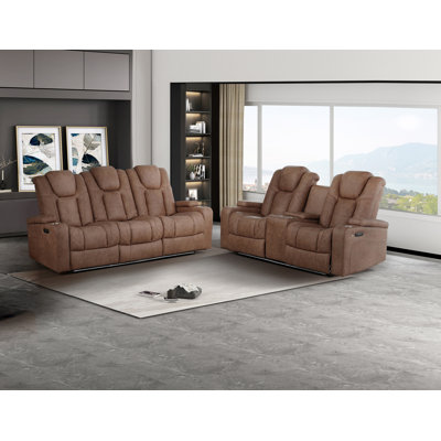 Ensemble 2 pièces: canapé inclinable électrique avec table rabattable et causeuse console, brun clair