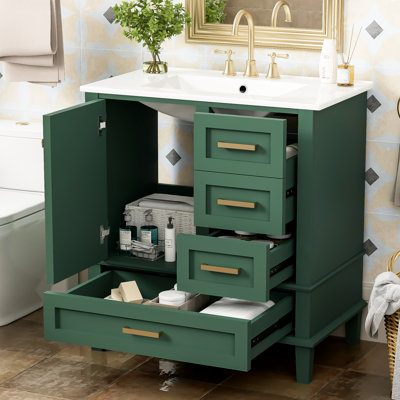 Meuble-lavabo moderne de 30 po. Armoire de rangement moderne. Porte en bois massif, 3 tiroirs. Comptoir en céramique. Restez organisé. Armoire au design élégant avec lavabo. Structure en bois massif, tiroirs et porte de qualité silencieuse